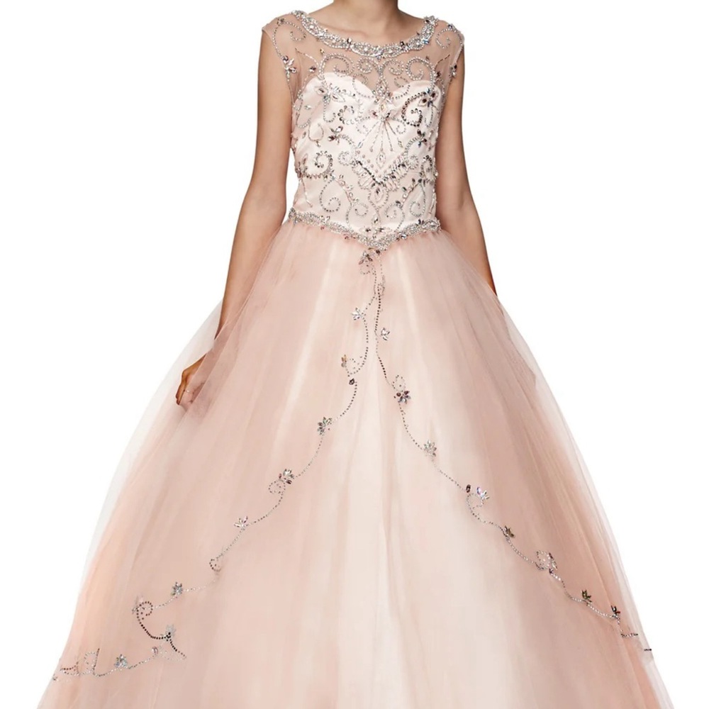 Girls Long Beaded Illusion Dress by Cinderella Couture